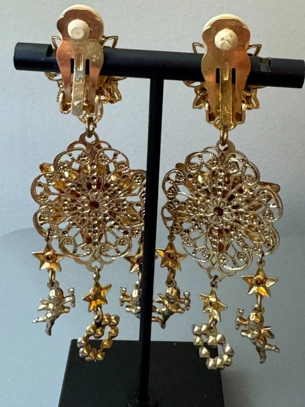 Stunning Vintage Celestial Cupid Chandelier Clip On Earrings